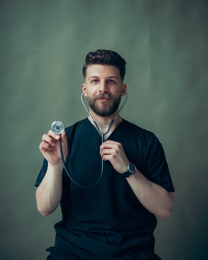 journey-02 Portrait of a young male doctor with a stethoscope, wearing a black t-shirt.